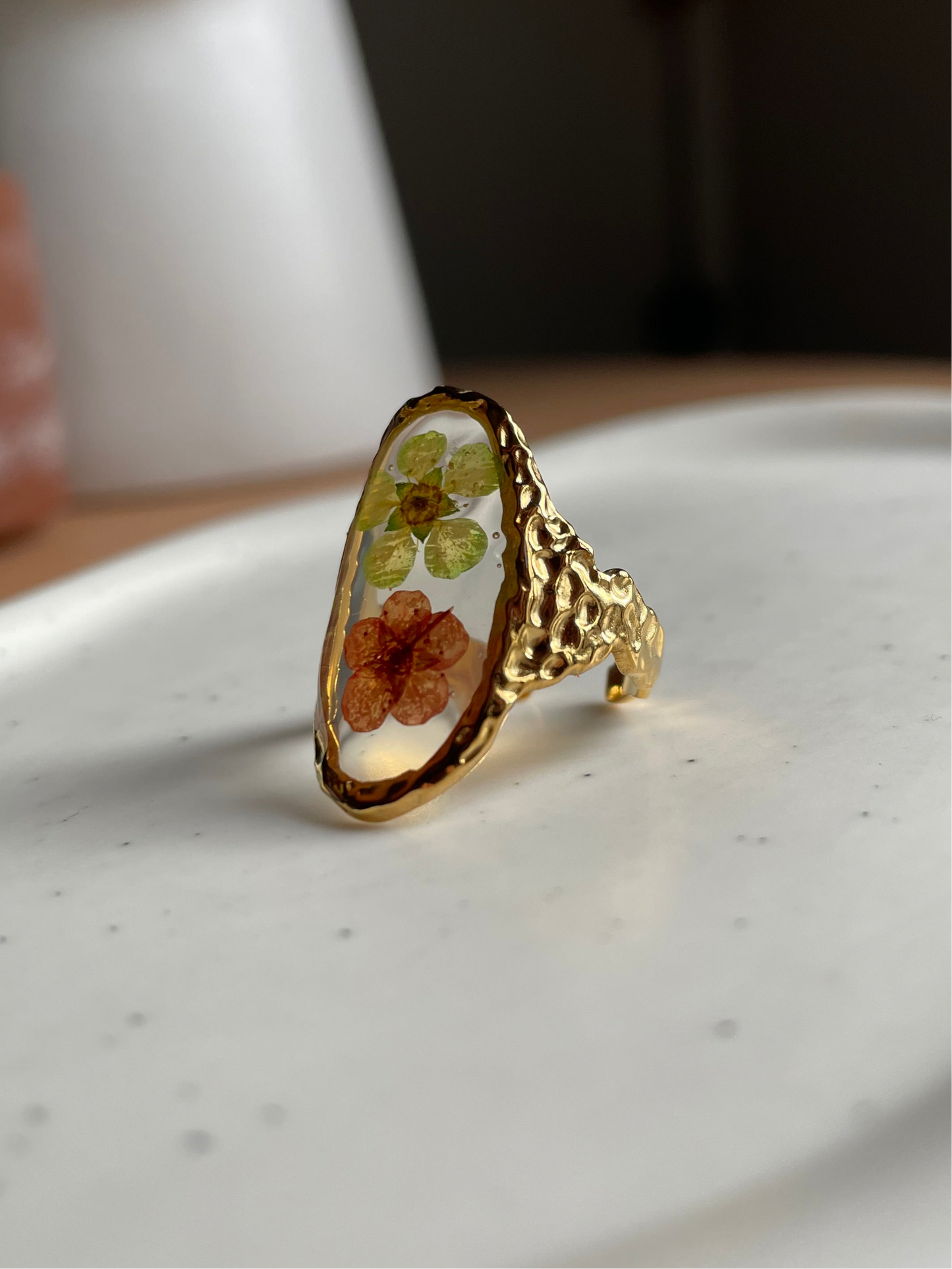 Green and Pink Pressed Flower Ring