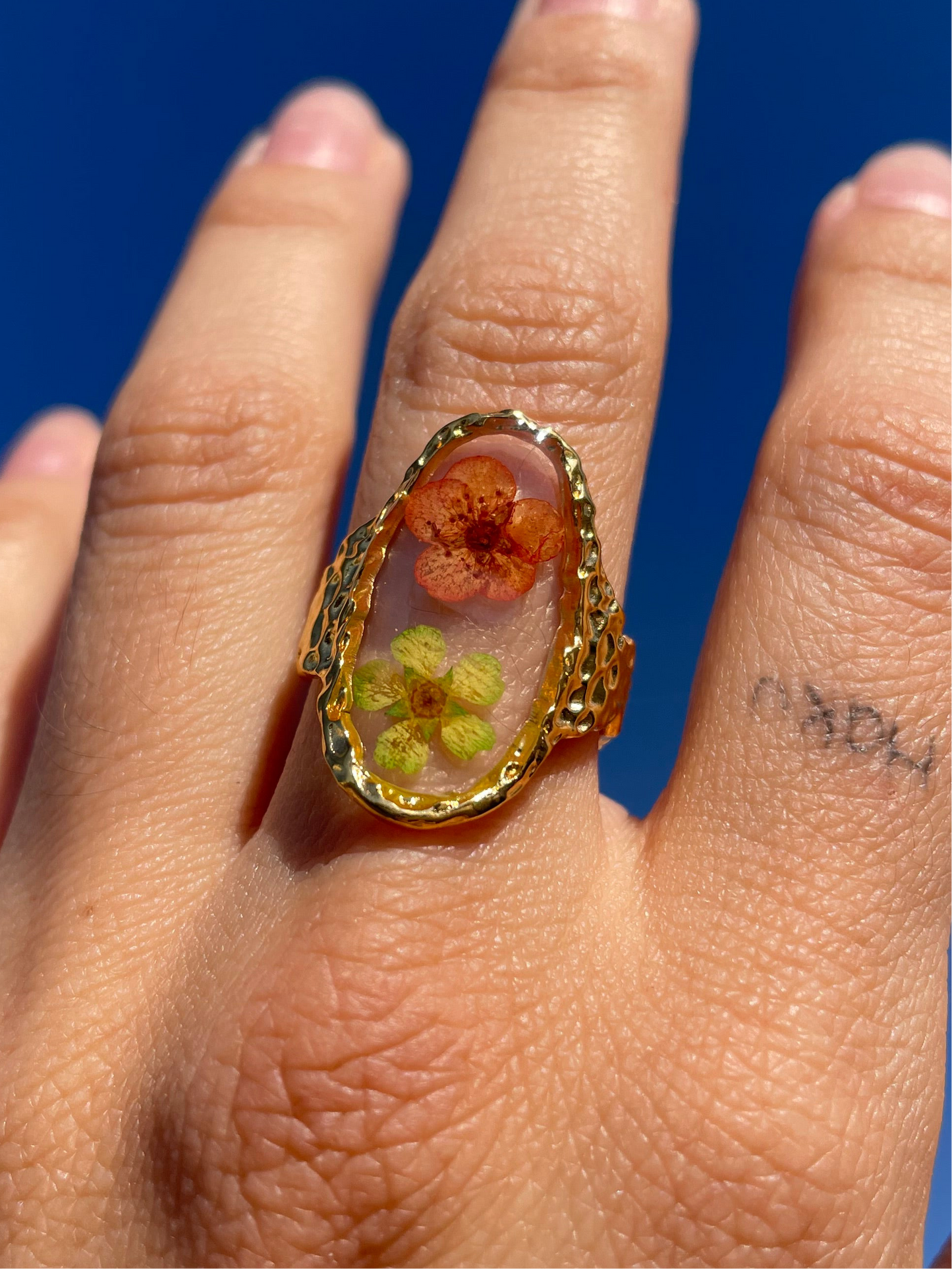 Green and Pink Pressed Flower Ring