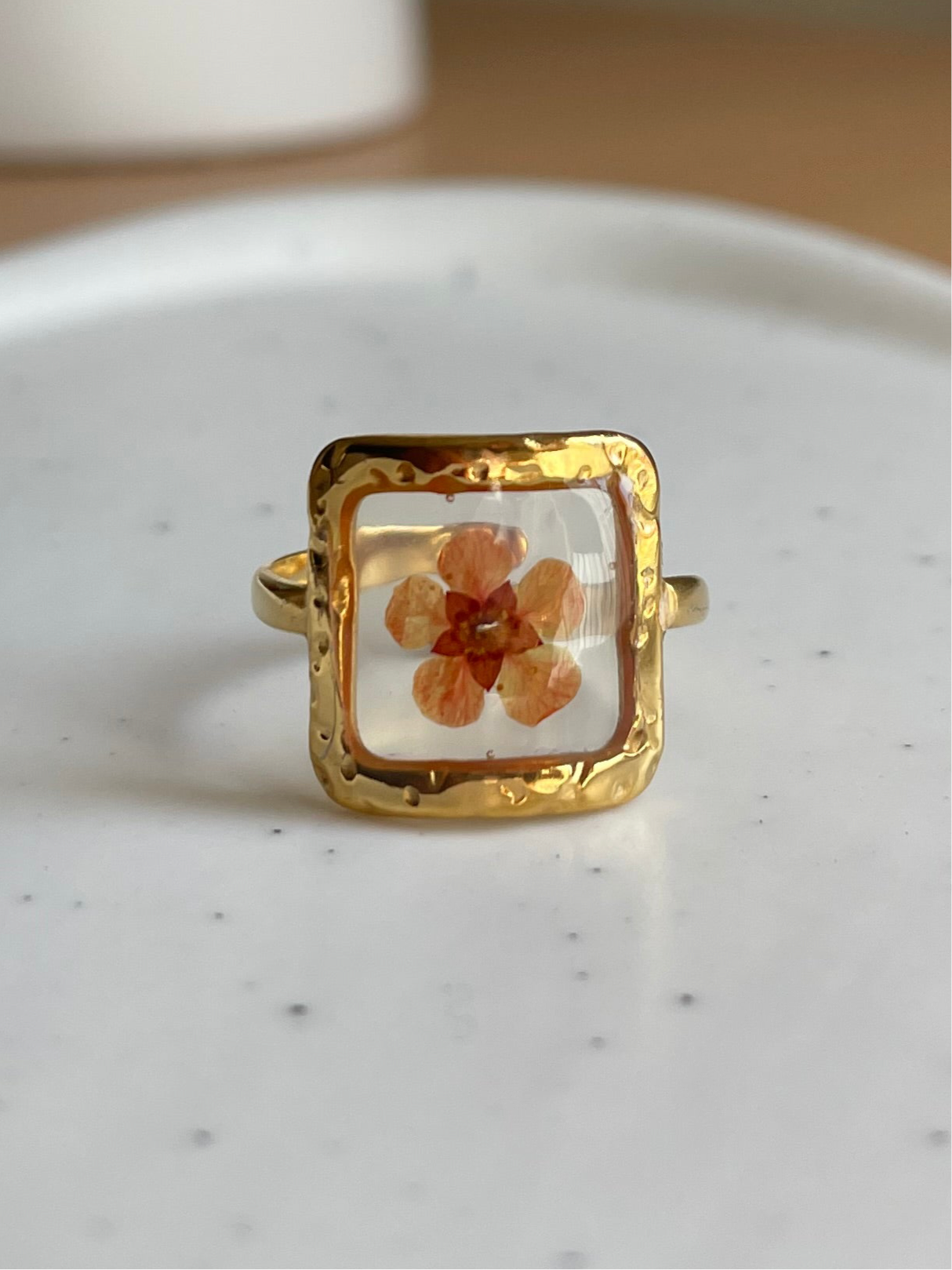 Pink Pressed Flower Square Ring