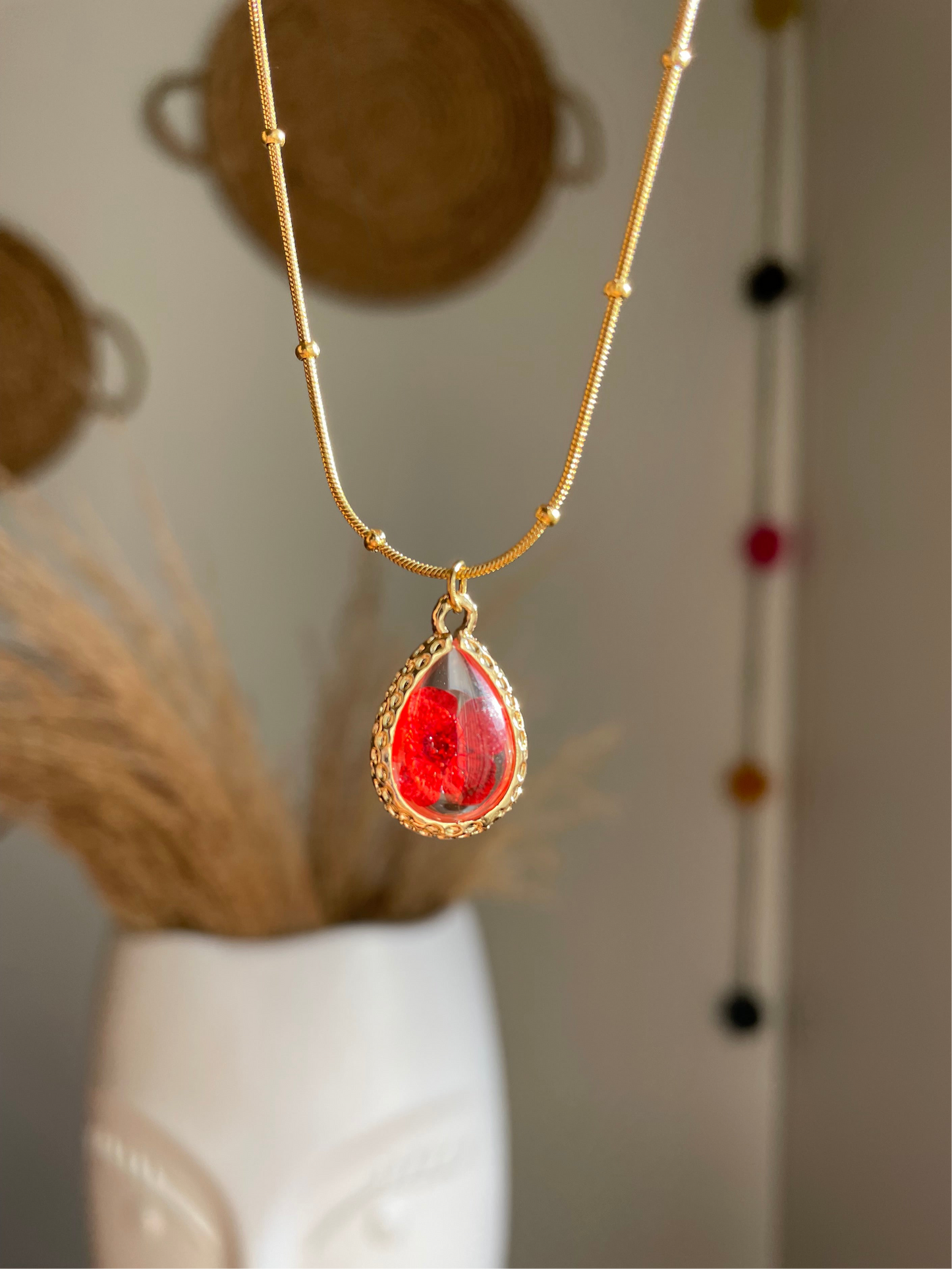 Scarlet Pressed Flower Necklace