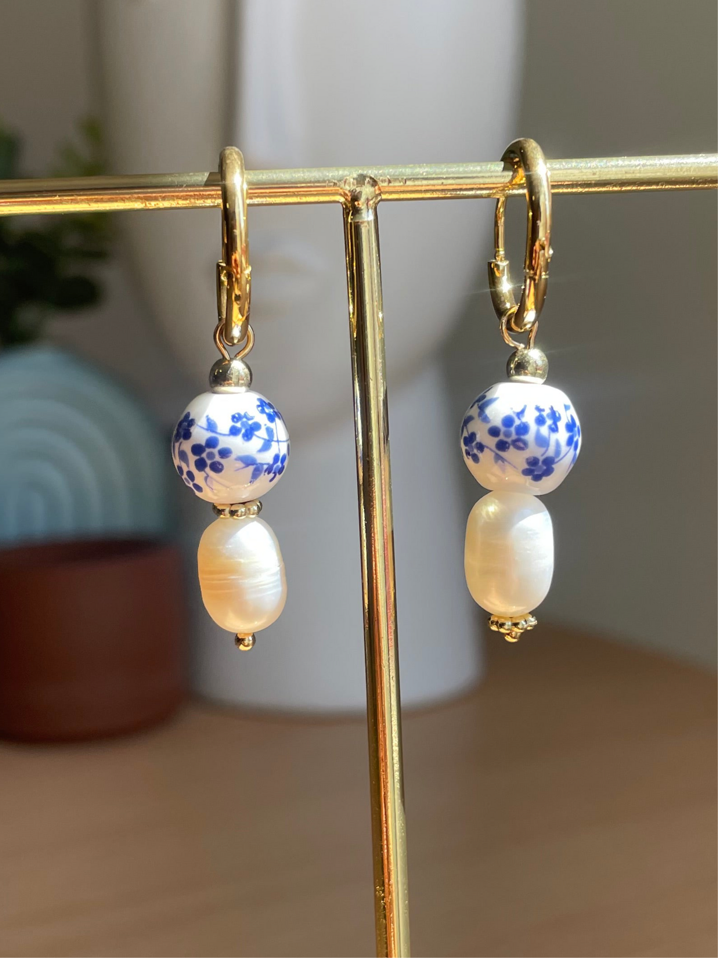 Mediterranean Tile and Pearl Huggie Hoops