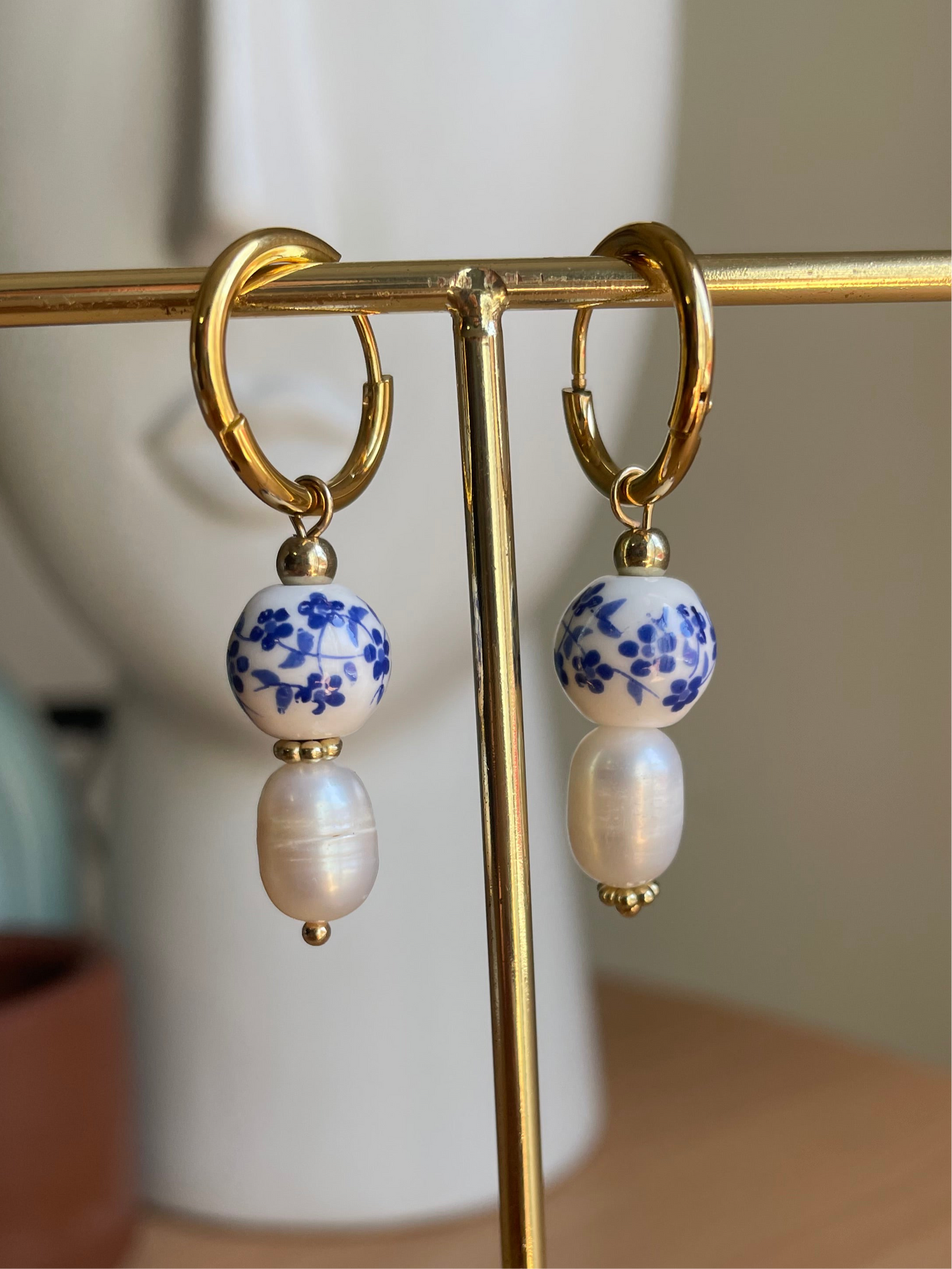Mediterranean Tile and Pearl Huggie Hoops