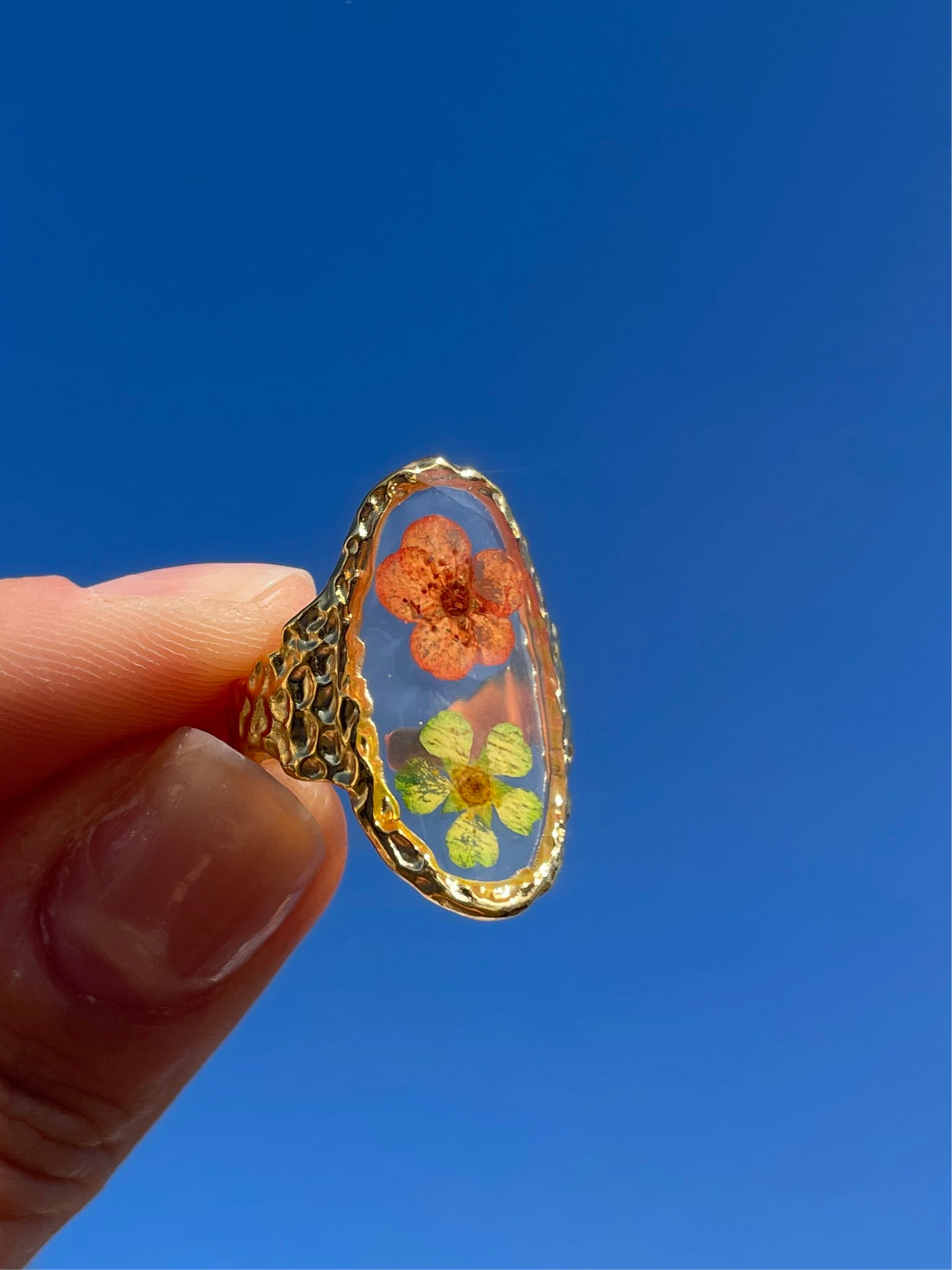 Green and Pink Pressed Flower Ring