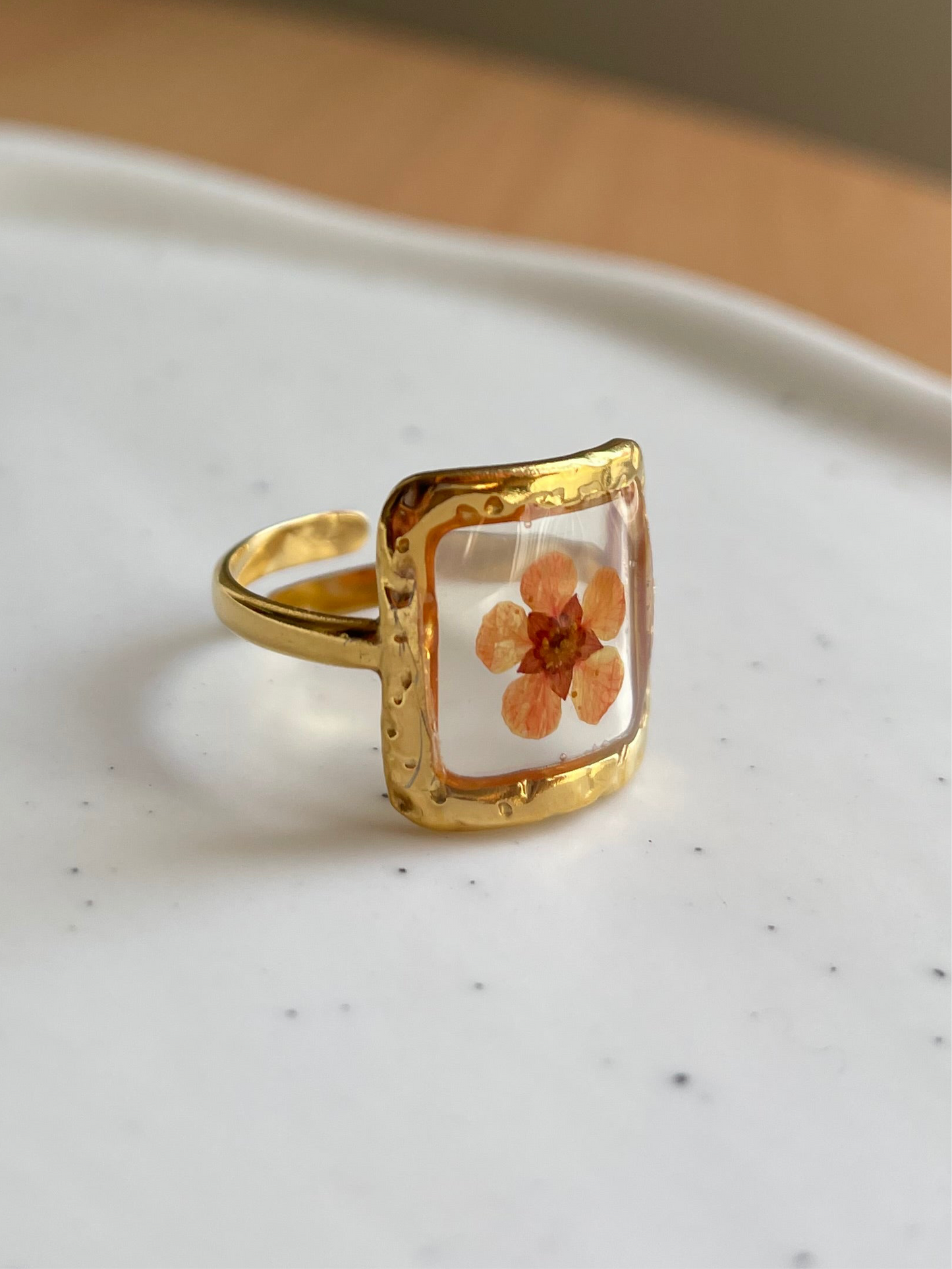 Pink Pressed Flower Square Ring