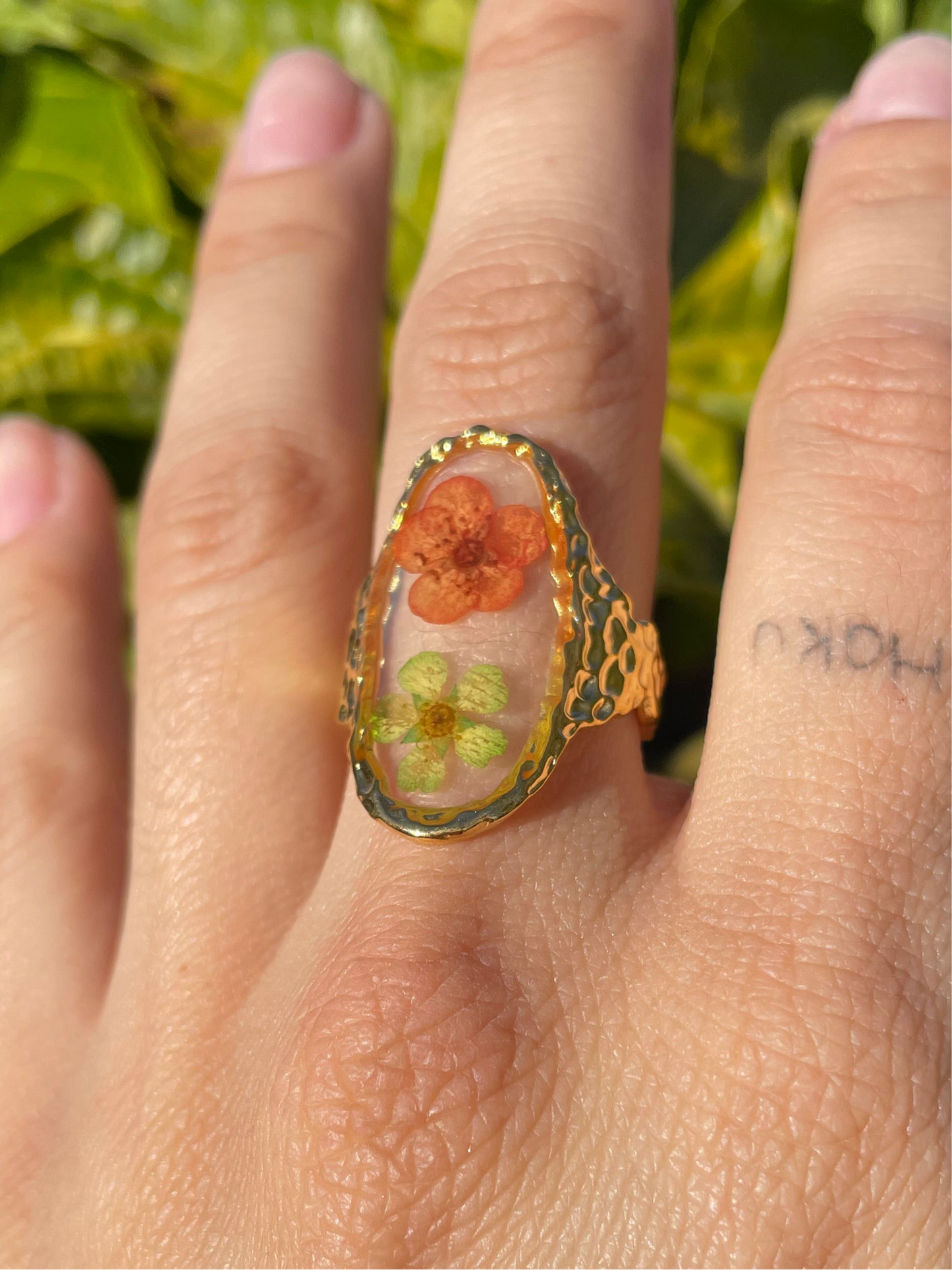 Green and Pink Pressed Flower Ring