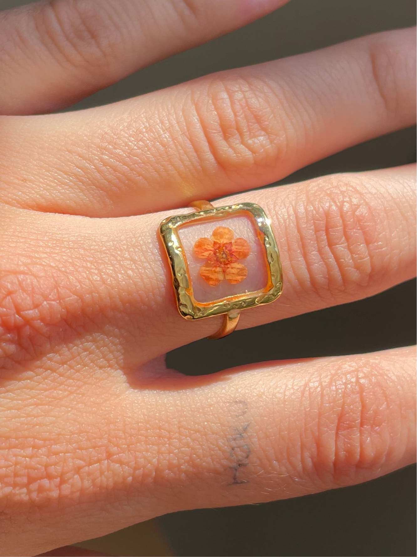 Pink Pressed Flower Square Ring