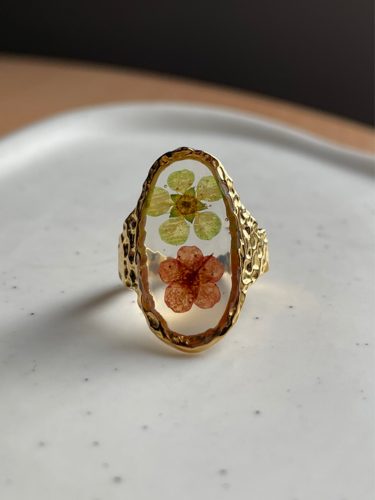 Green and Pink Pressed Flower Ring