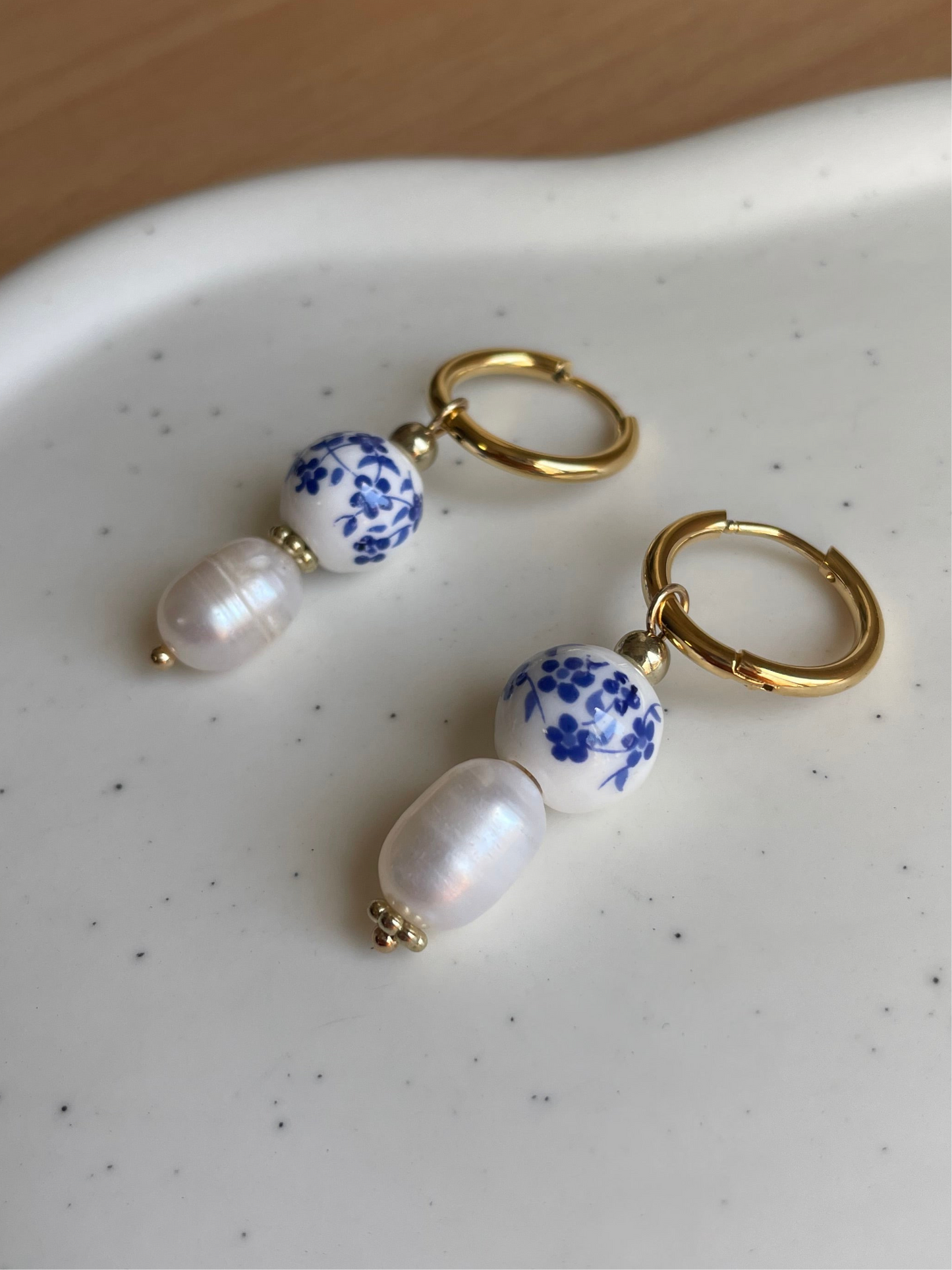Mediterranean Tile and Pearl Huggie Hoops
